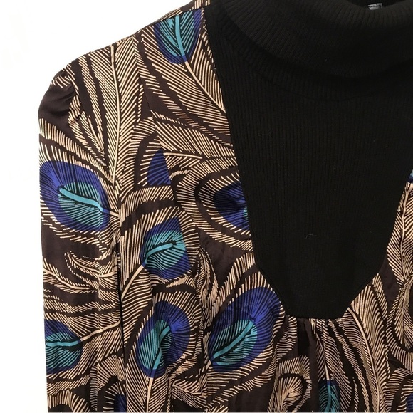 Etcetera silk spandex peacock print turtle neck long sleeve top - Picture 3 of 14